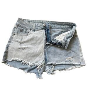 Rewash Size 3/26 High Rise Denim Shorts | Patchwork Striped, Distressed, Raw Hem